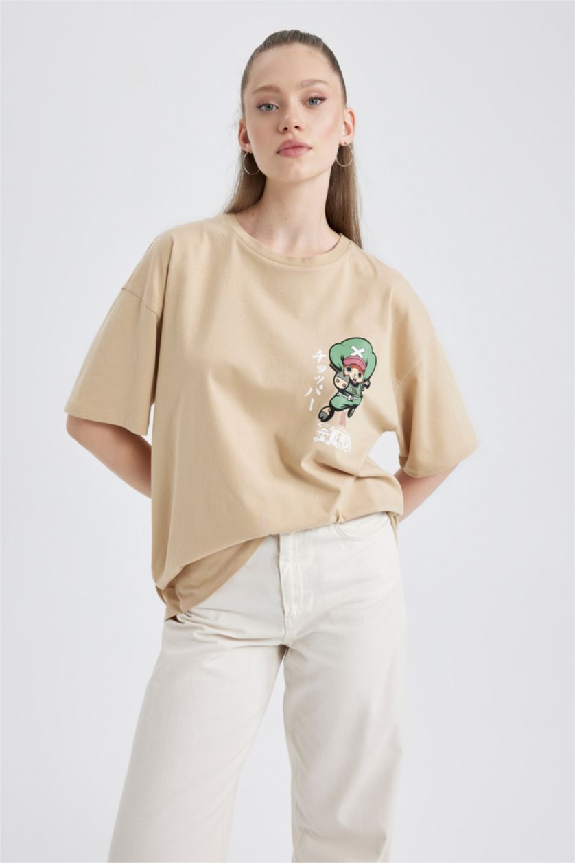 نساء اللون الرملي تي شيرت قطن مطبوع اوفر سايز  من ون بيس