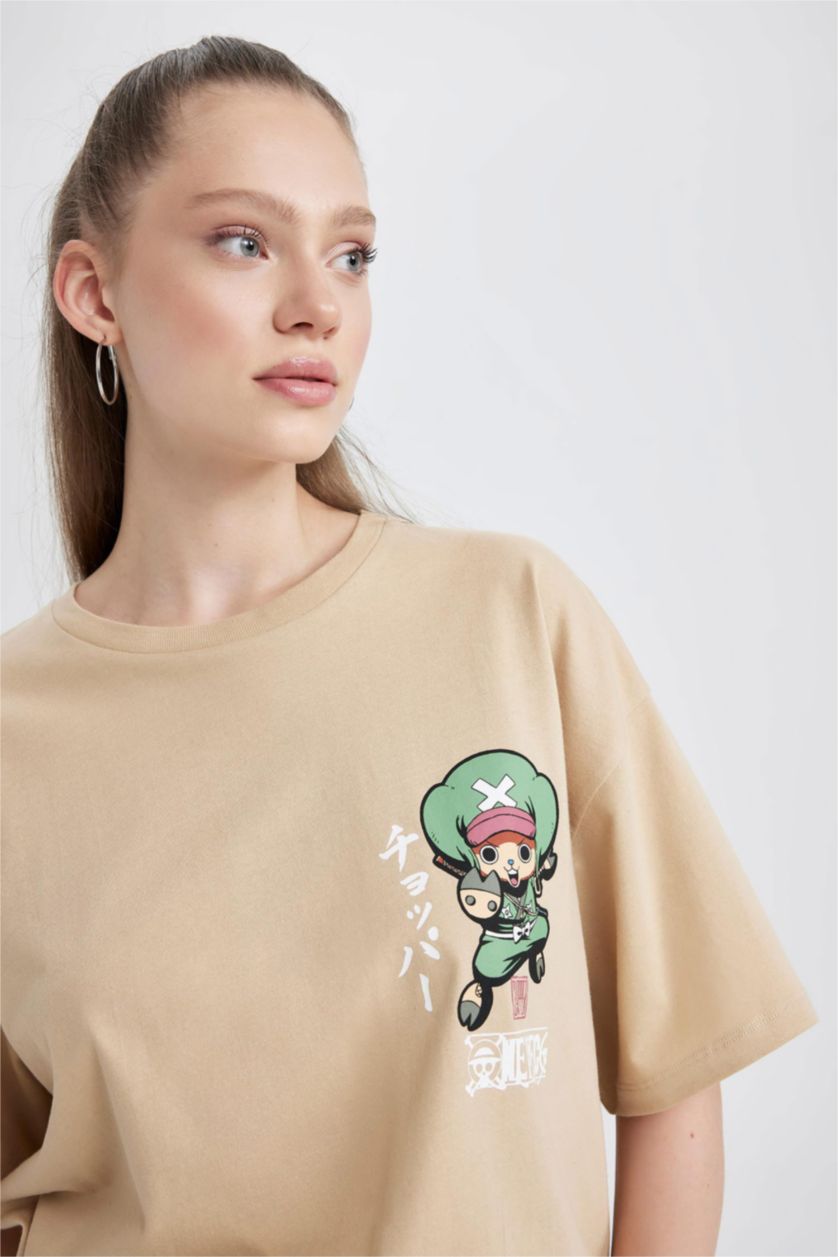 نساء اللون الرملي تي شيرت قطن مطبوع اوفر سايز  من ون بيس