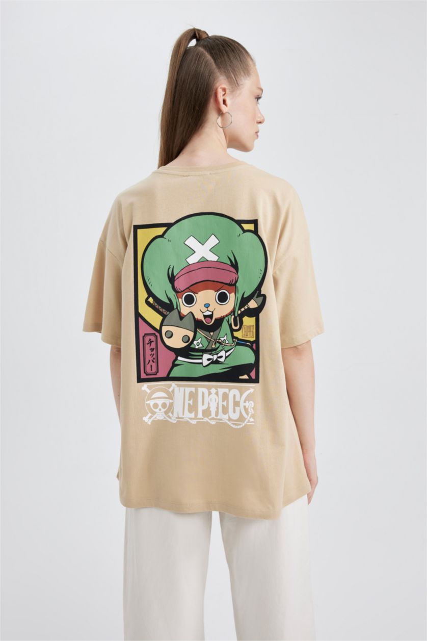 نساء اللون الرملي تي شيرت قطن مطبوع اوفر سايز  من ون بيس