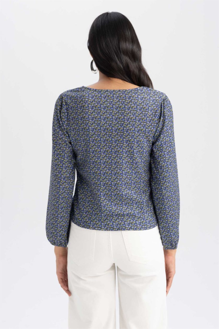 Kadın Mavi Fitted V Yaka Desenli Uzun Kollu Bluz