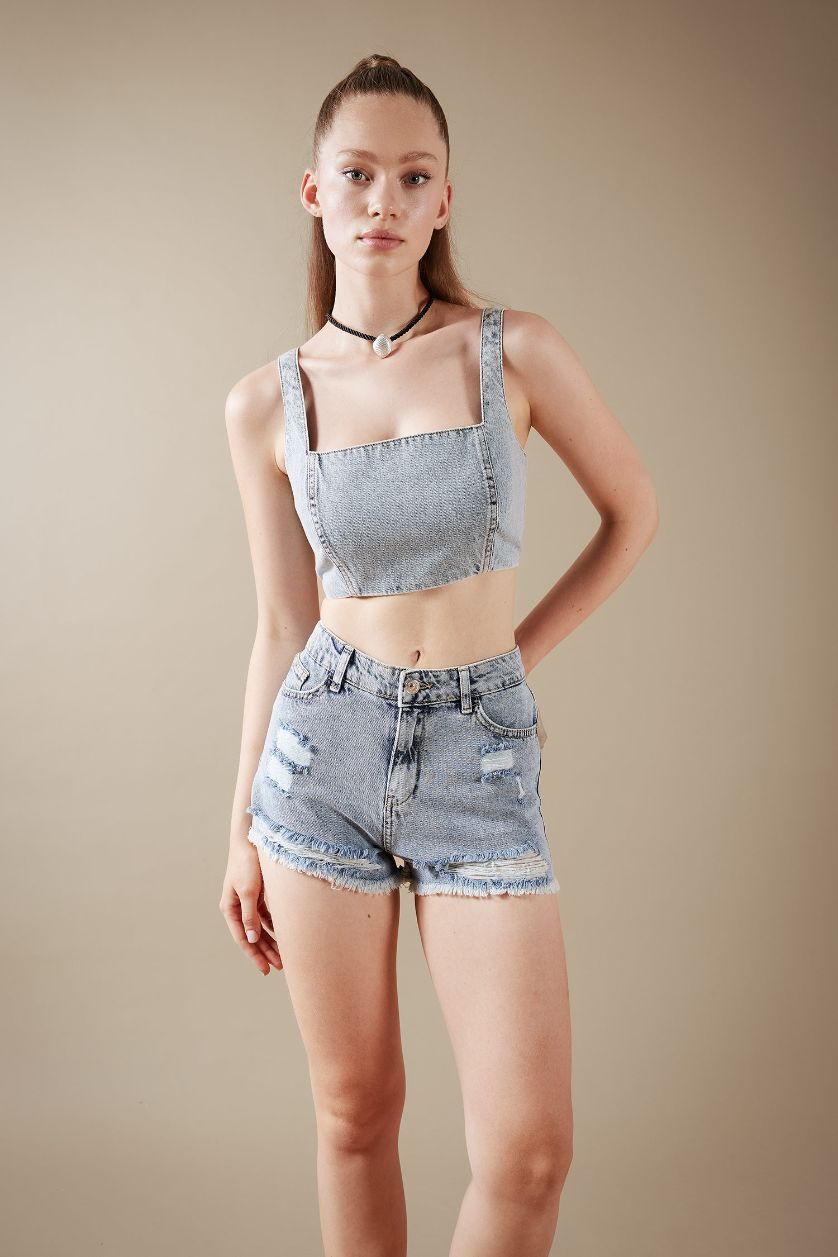 نساء أزرق فاتح قميص جينز قطن