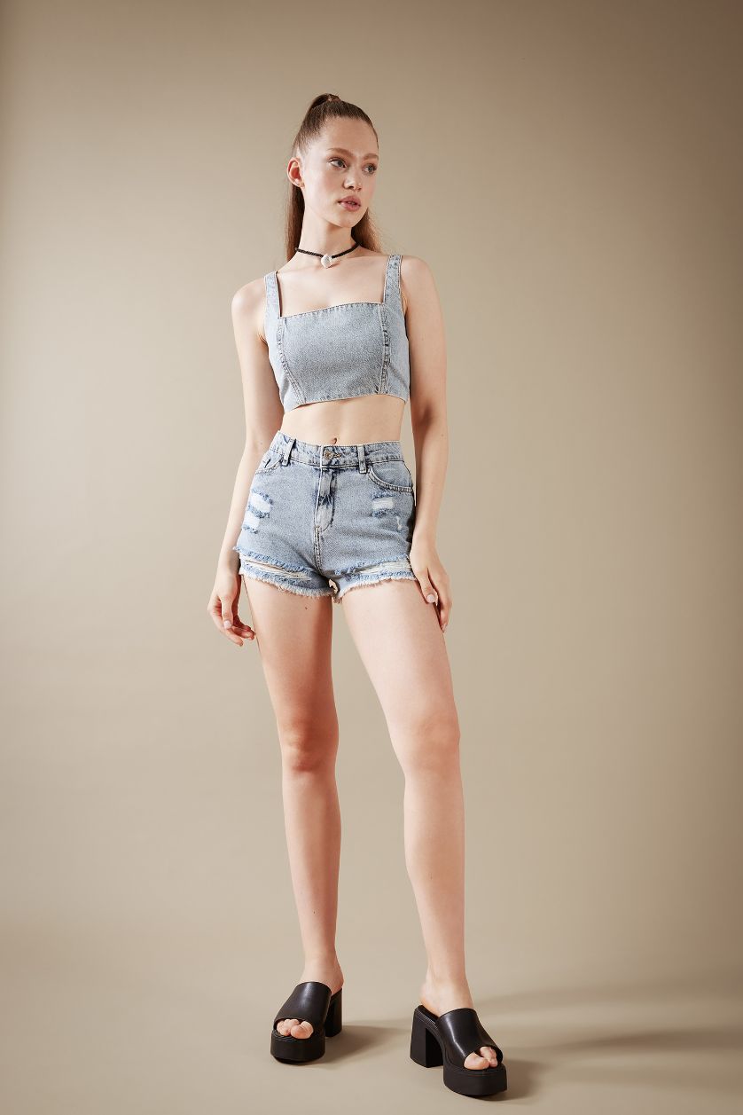 نساء أزرق فاتح قميص جينز قطن