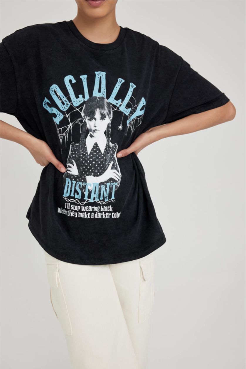 حريمي أسود تي شيرت مطبوع اوفر سايز  من وينزداي