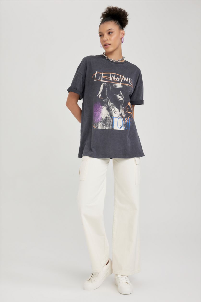 Kadın Antrasit Coool Lil Wayne Oversize Fit Kısa Kollu %100 Pamuk Yıkamalı Soluk Efektli Tişört