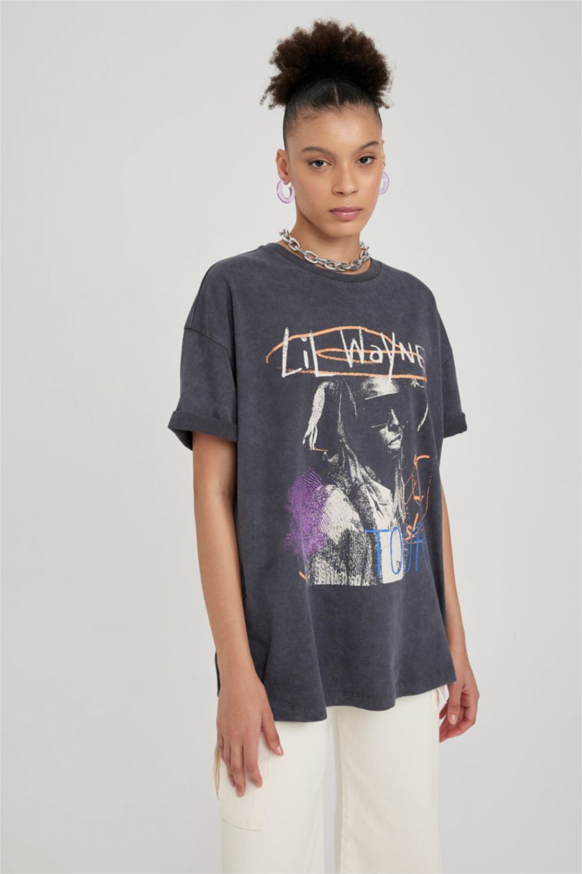 Kadın Antrasit Coool Lil Wayne Oversize Fit Kısa Kollu %100 Pamuk Yıkamalı Soluk Efektli Tişört