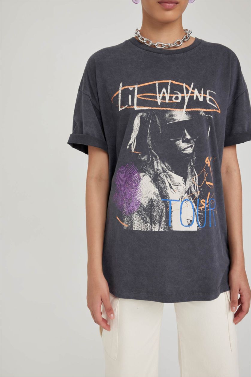 Kadın Antrasit Coool Lil Wayne Oversize Fit Kısa Kollu %100 Pamuk Yıkamalı Soluk Efektli Tişört