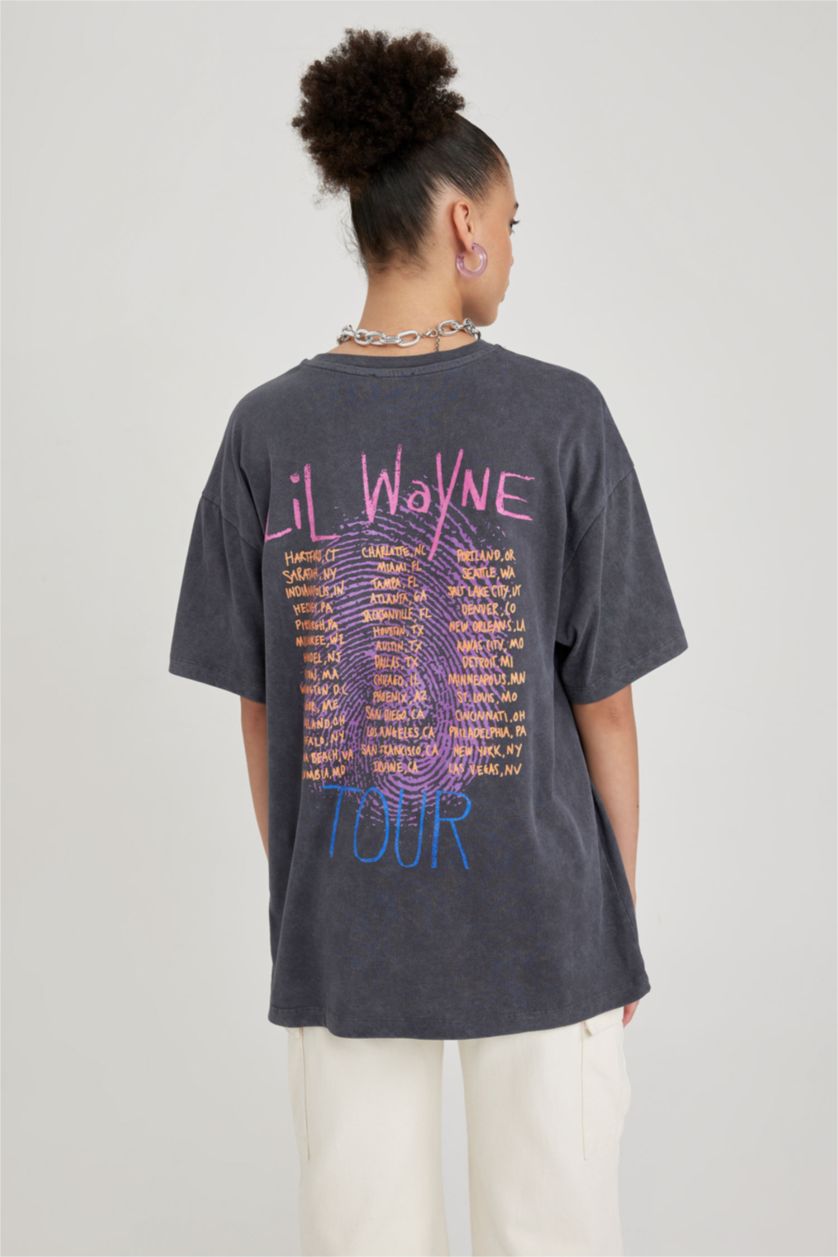 Kadın Antrasit Coool Lil Wayne Oversize Fit Kısa Kollu %100 Pamuk Yıkamalı Soluk Efektli Tişört