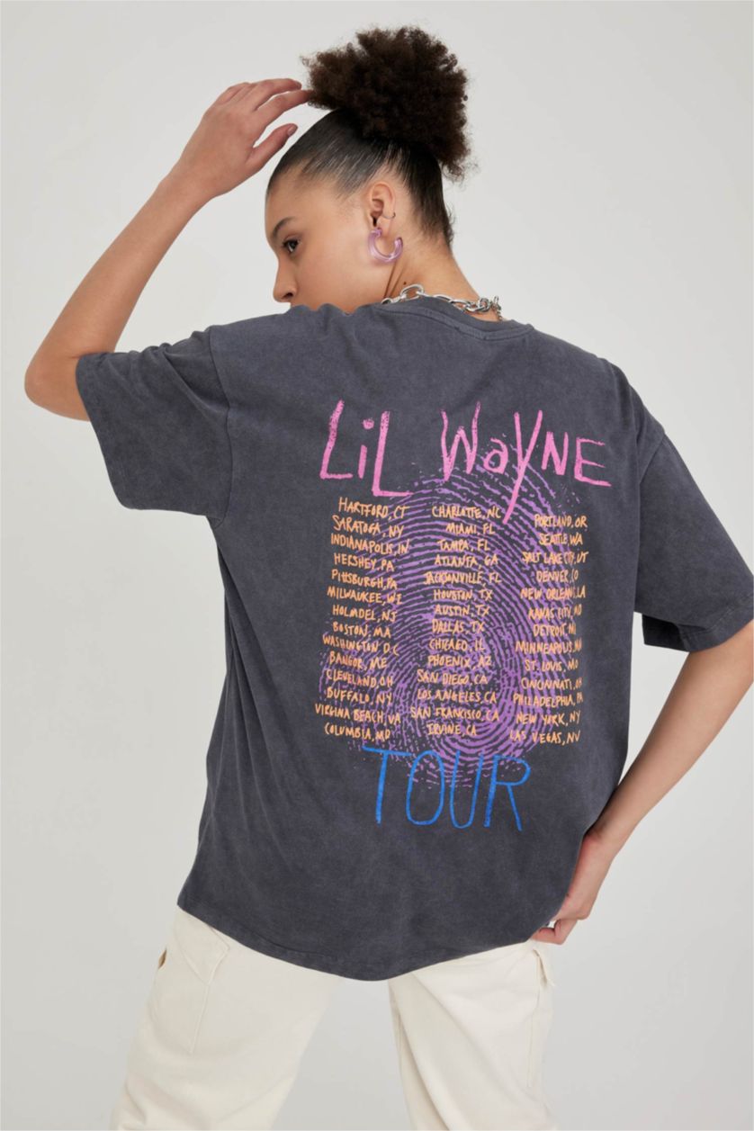 Kadın Antrasit Coool Lil Wayne Oversize Fit Kısa Kollu %100 Pamuk Yıkamalı Soluk Efektli Tişört