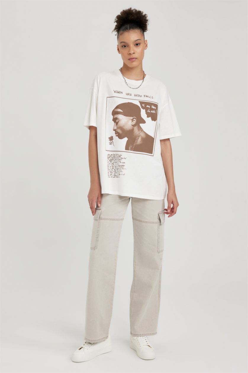 Kadın Kırık Beyaz Coool Tupac Oversize Fit Baskılı Kısa Kollu %100 Pamuk Tişört