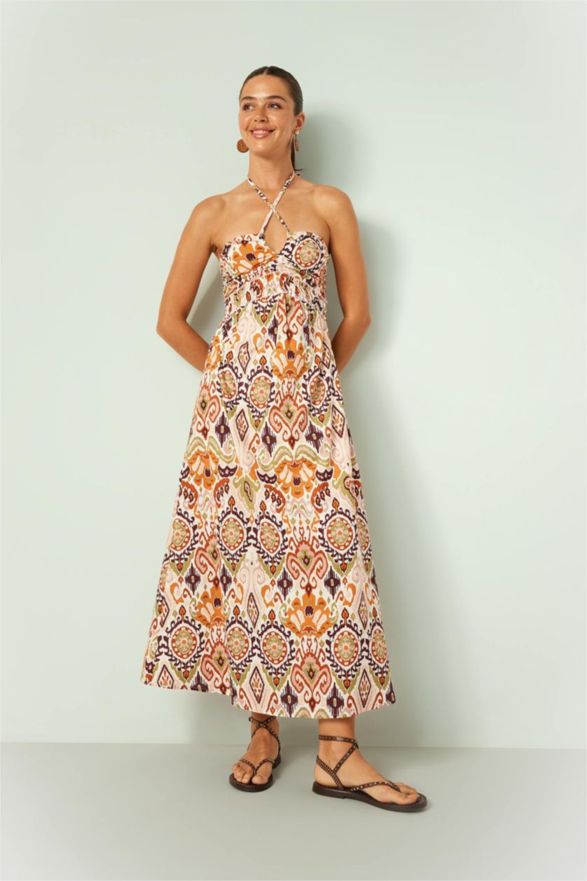 WOMAN Khaki Strapless Ethnic Patterned Sleeveless Midi Dress