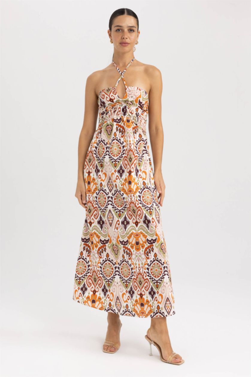 WOMAN Khaki Strapless Ethnic Patterned Sleeveless Midi Dress