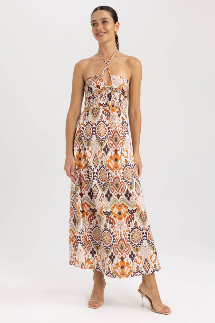 WOMAN Khaki Strapless Ethnic Patterned Sleeveless Midi Dress