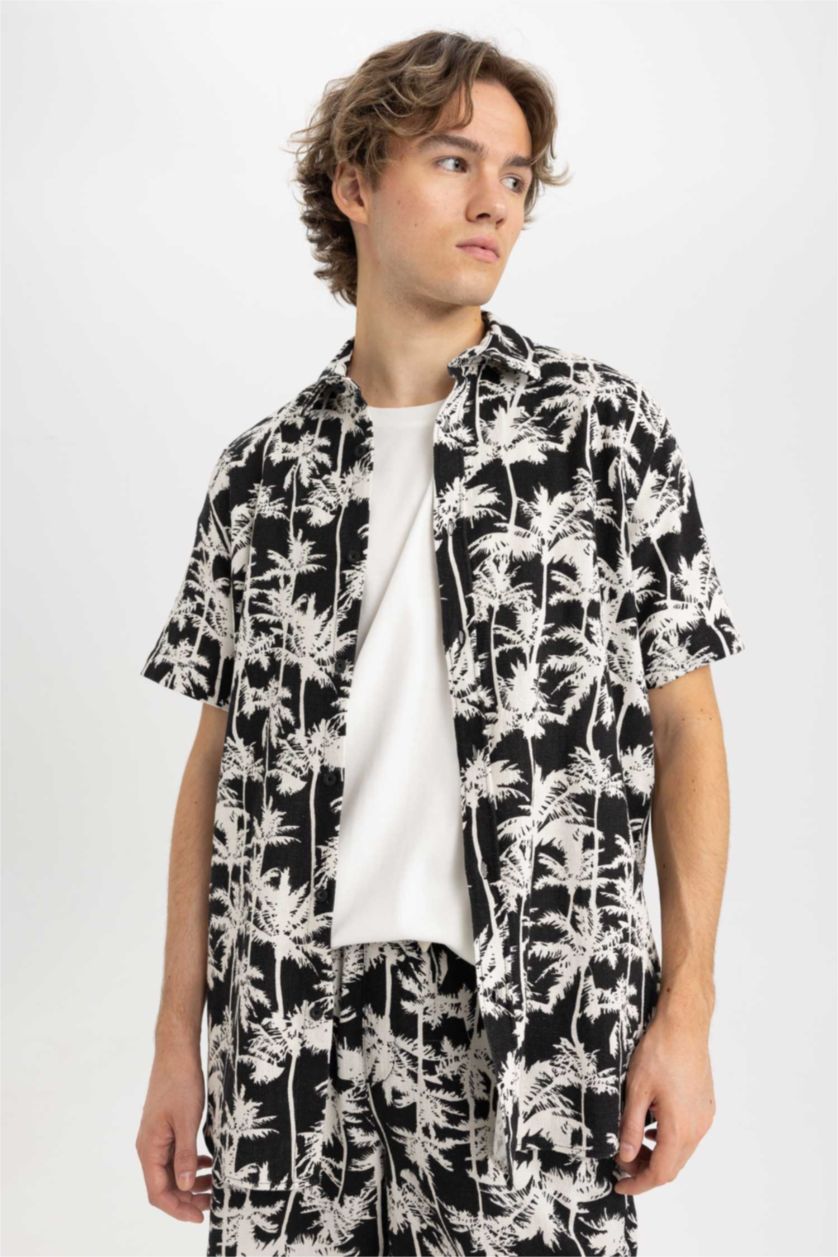 رجال أسود قميص قطن مطبوع قصة عادية