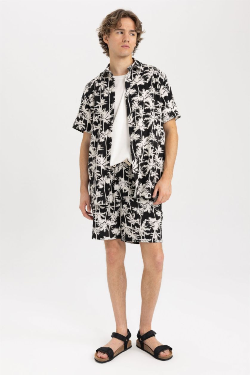 رجال أسود قميص قطن مطبوع قصة عادية