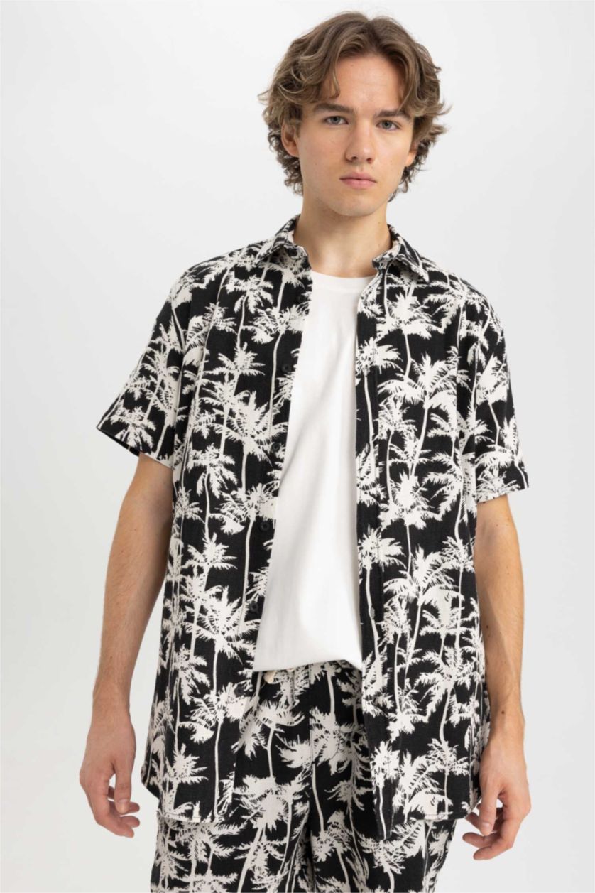 رجال أسود قميص قطن مطبوع قصة عادية