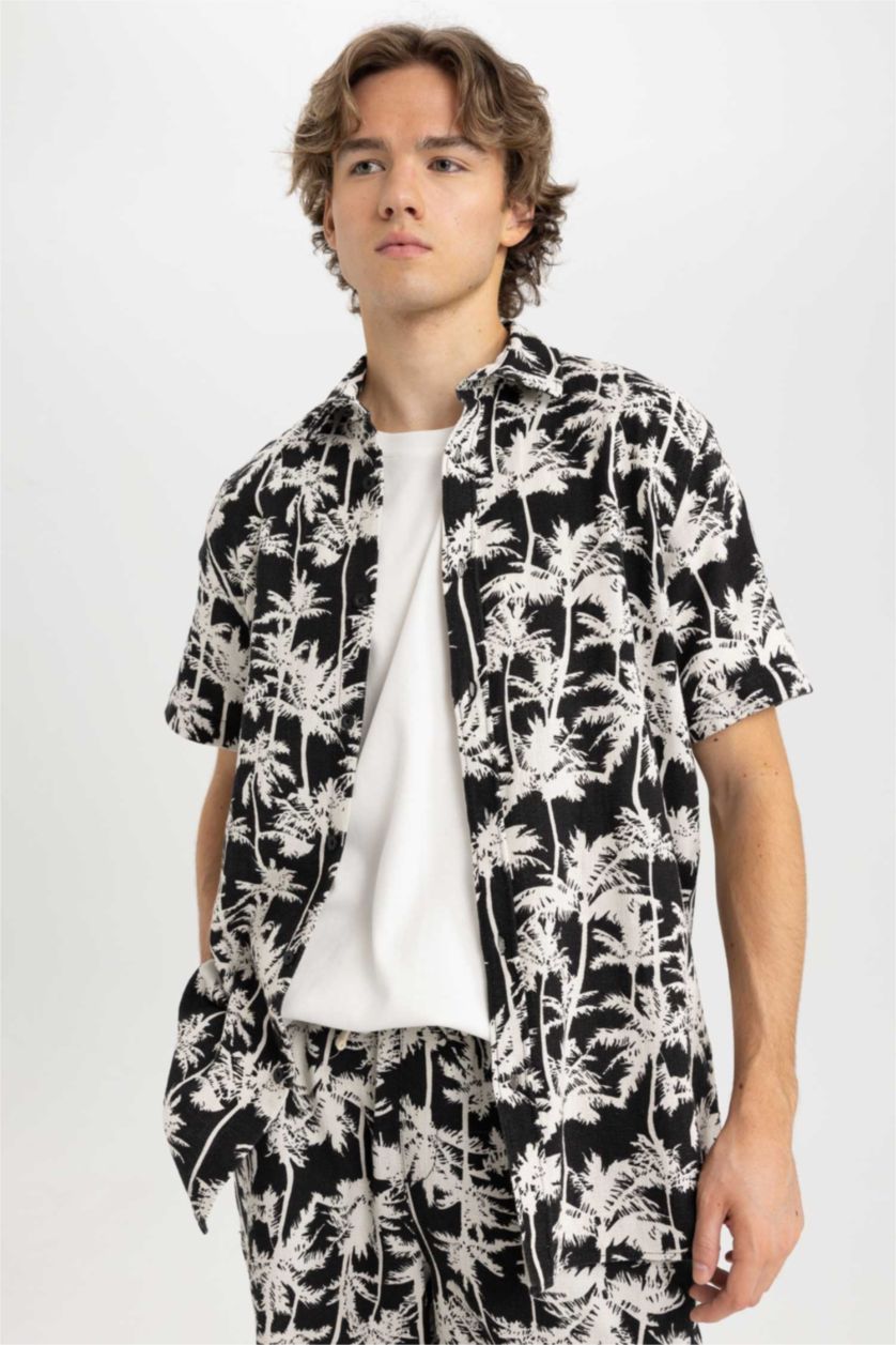 رجال أسود قميص قطن مطبوع قصة عادية