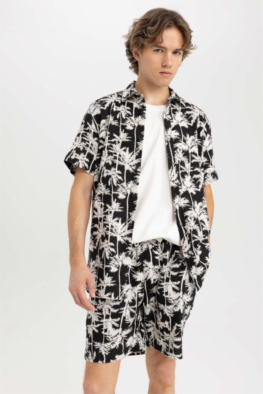 رجال أسود قميص قطن مطبوع قصة عادية