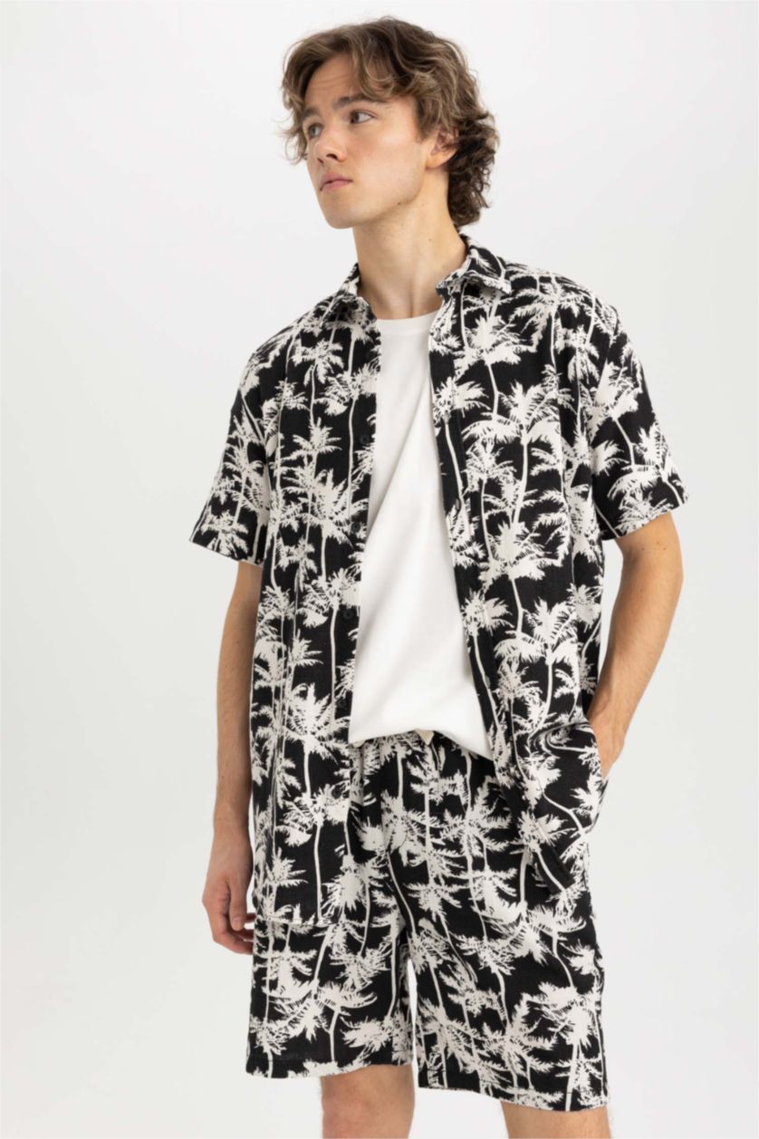 رجال أسود قميص قطن مطبوع قصة عادية