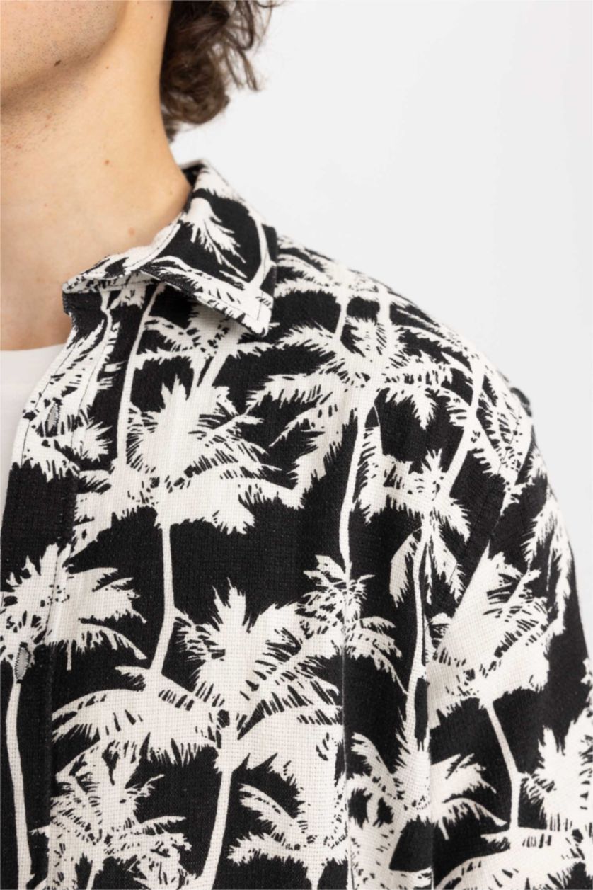 رجال أسود قميص قطن مطبوع قصة عادية