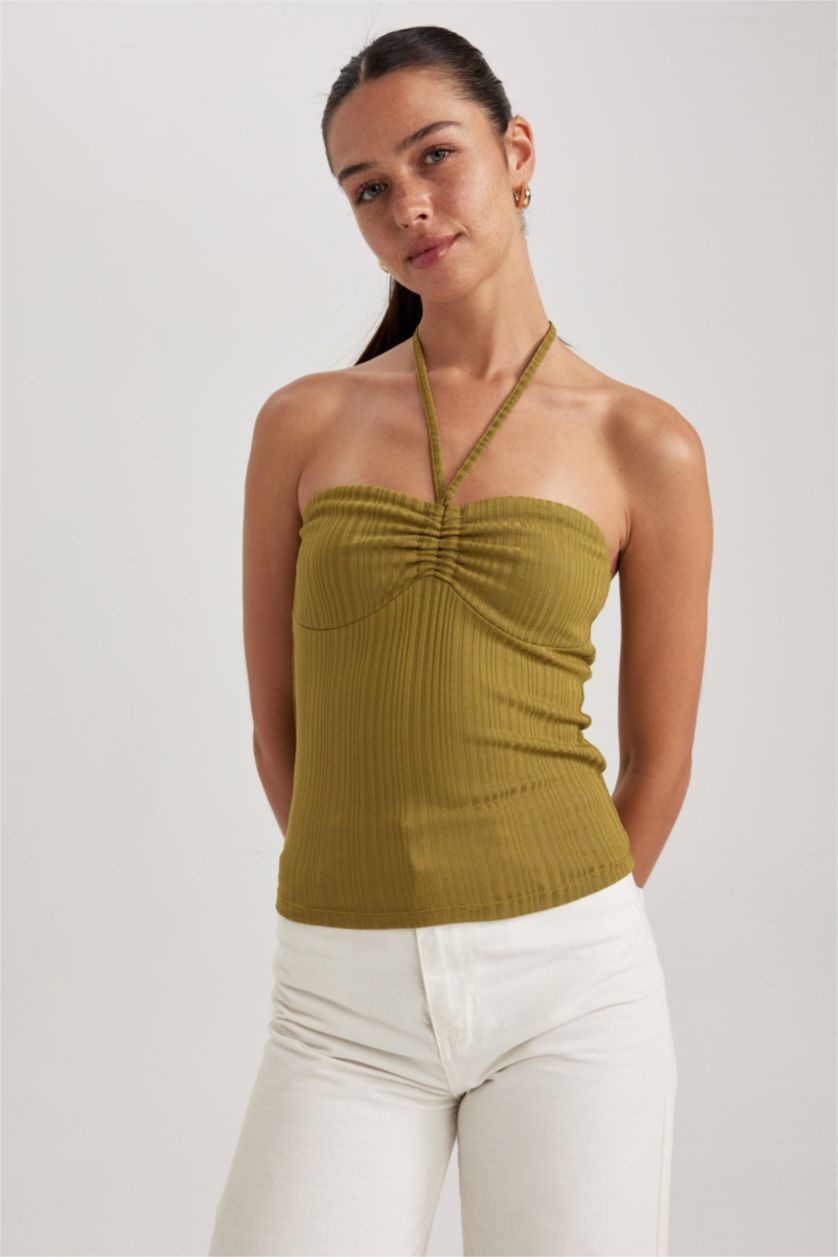WOMAN Khaki Slim Fit Strapless Ribbed Camisole Undershirt