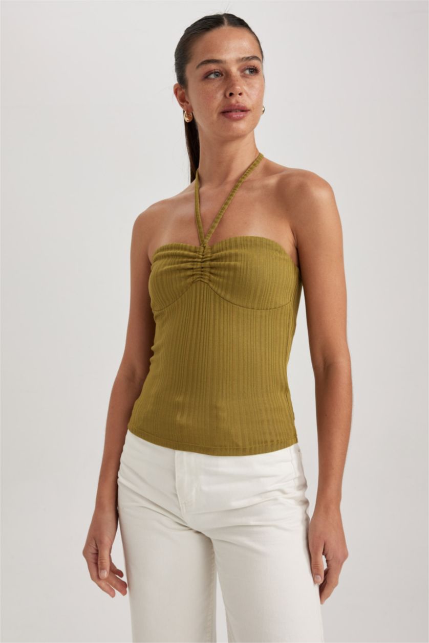 WOMAN Khaki Slim Fit Strapless Ribbed Camisole Undershirt