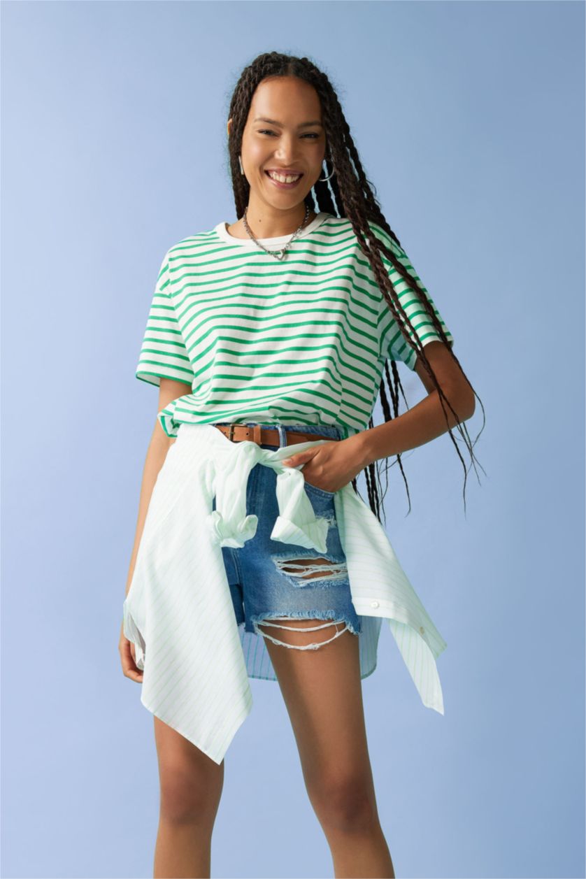 WOMAN Green Oversize Fit Striped Crew Neck Short Sleeve T-Shirt