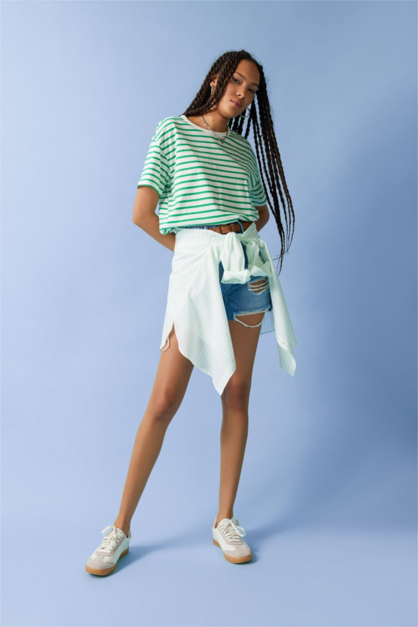 WOMAN Green Oversize Fit Striped Crew Neck Short Sleeve T-Shirt