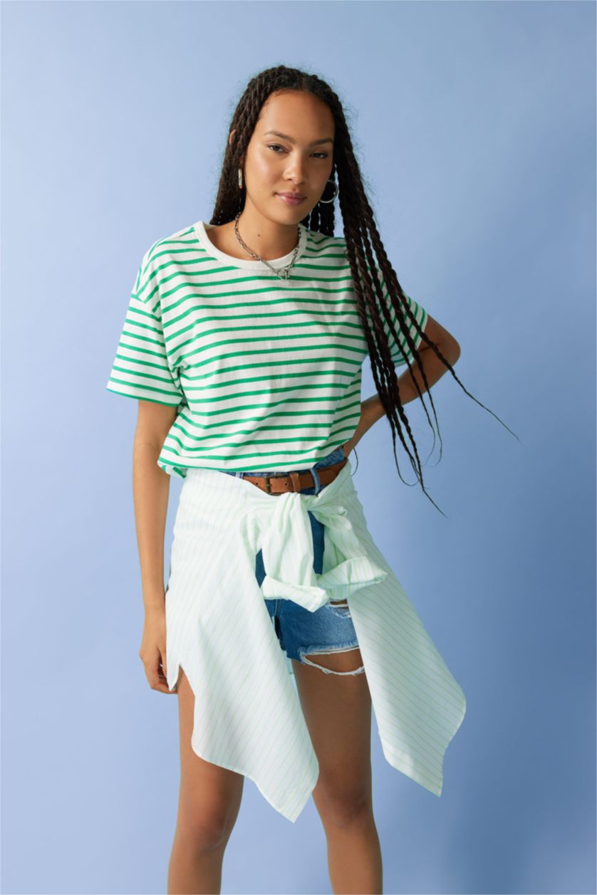 WOMAN Green Oversize Fit Striped Crew Neck Short Sleeve T-Shirt