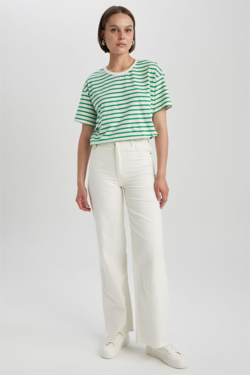 WOMAN Green Oversize Fit Striped Crew Neck Short Sleeve T-Shirt