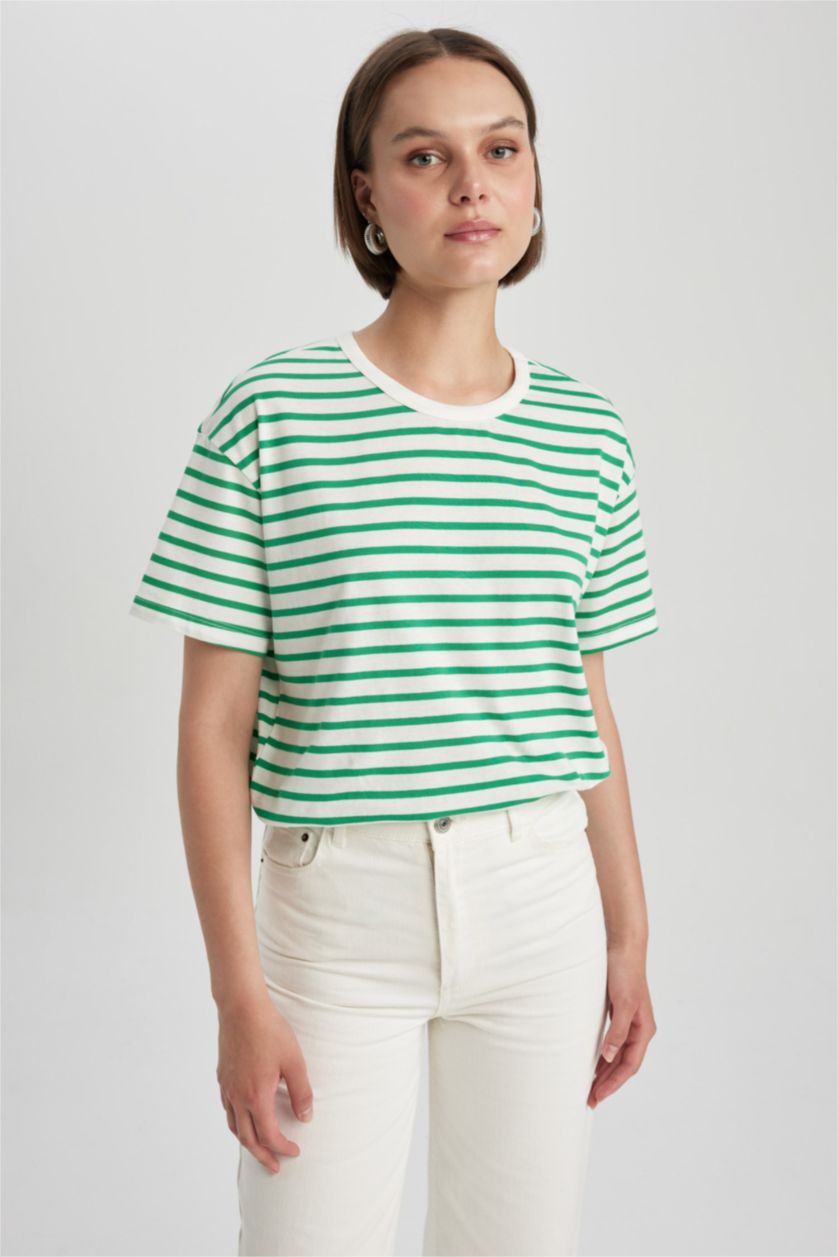 WOMAN Green Oversize Fit Striped Crew Neck Short Sleeve T-Shirt
