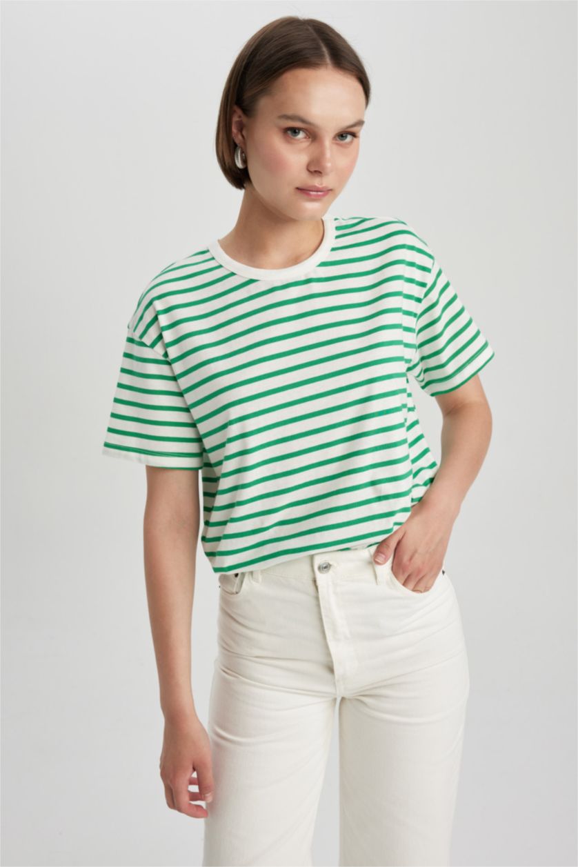 WOMAN Green Oversize Fit Striped Crew Neck Short Sleeve T-Shirt
