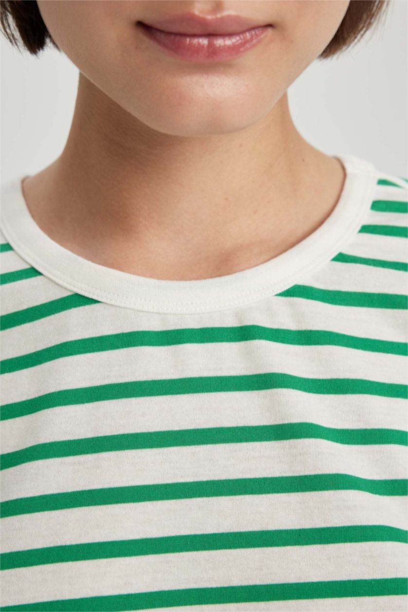 WOMAN Green Oversize Fit Striped Crew Neck Short Sleeve T-Shirt