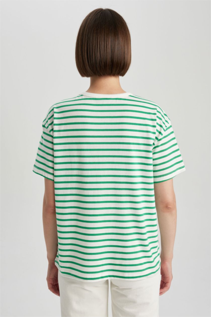WOMAN Green Oversize Fit Striped Crew Neck Short Sleeve T-Shirt