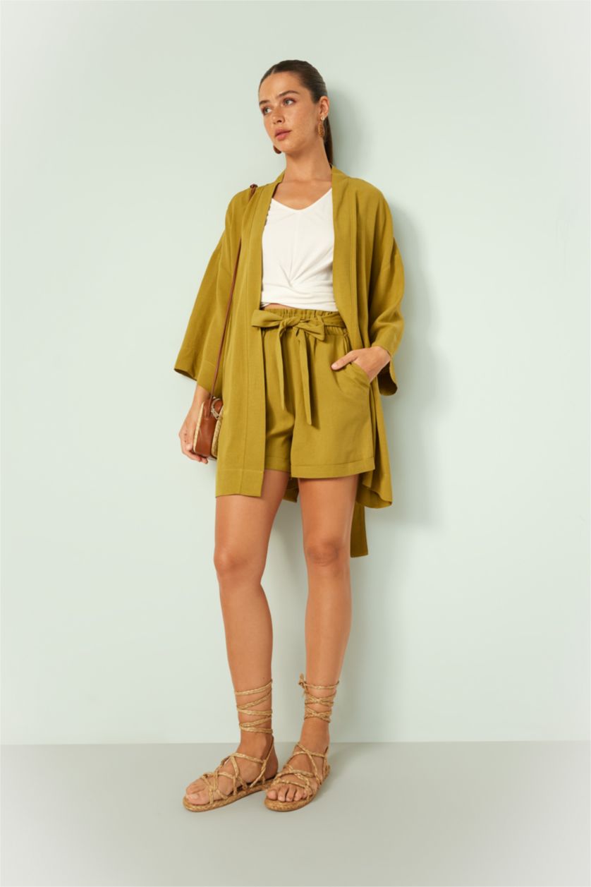 نساء كاكي شورت كتان وايد ليج بخصر عالي