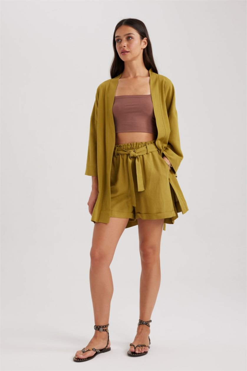 نساء كاكي شورت كتان وايد ليج بخصر عالي