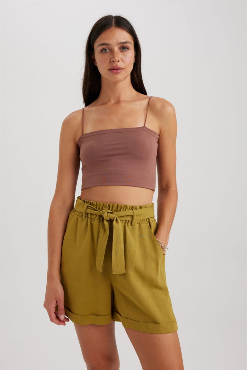 نساء كاكي شورت كتان وايد ليج بخصر عالي