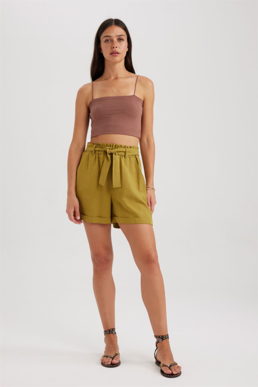 نساء كاكي شورت كتان وايد ليج بخصر عالي