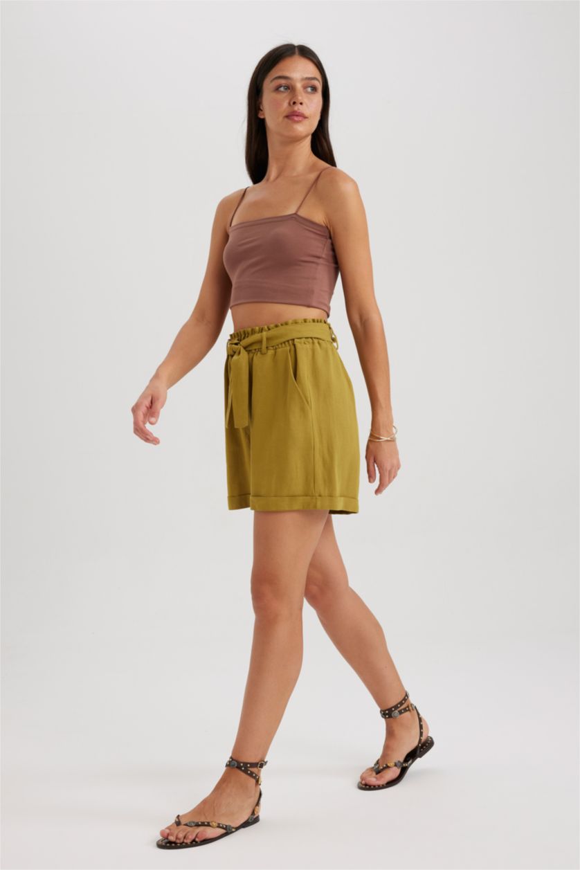 نساء كاكي شورت كتان وايد ليج بخصر عالي