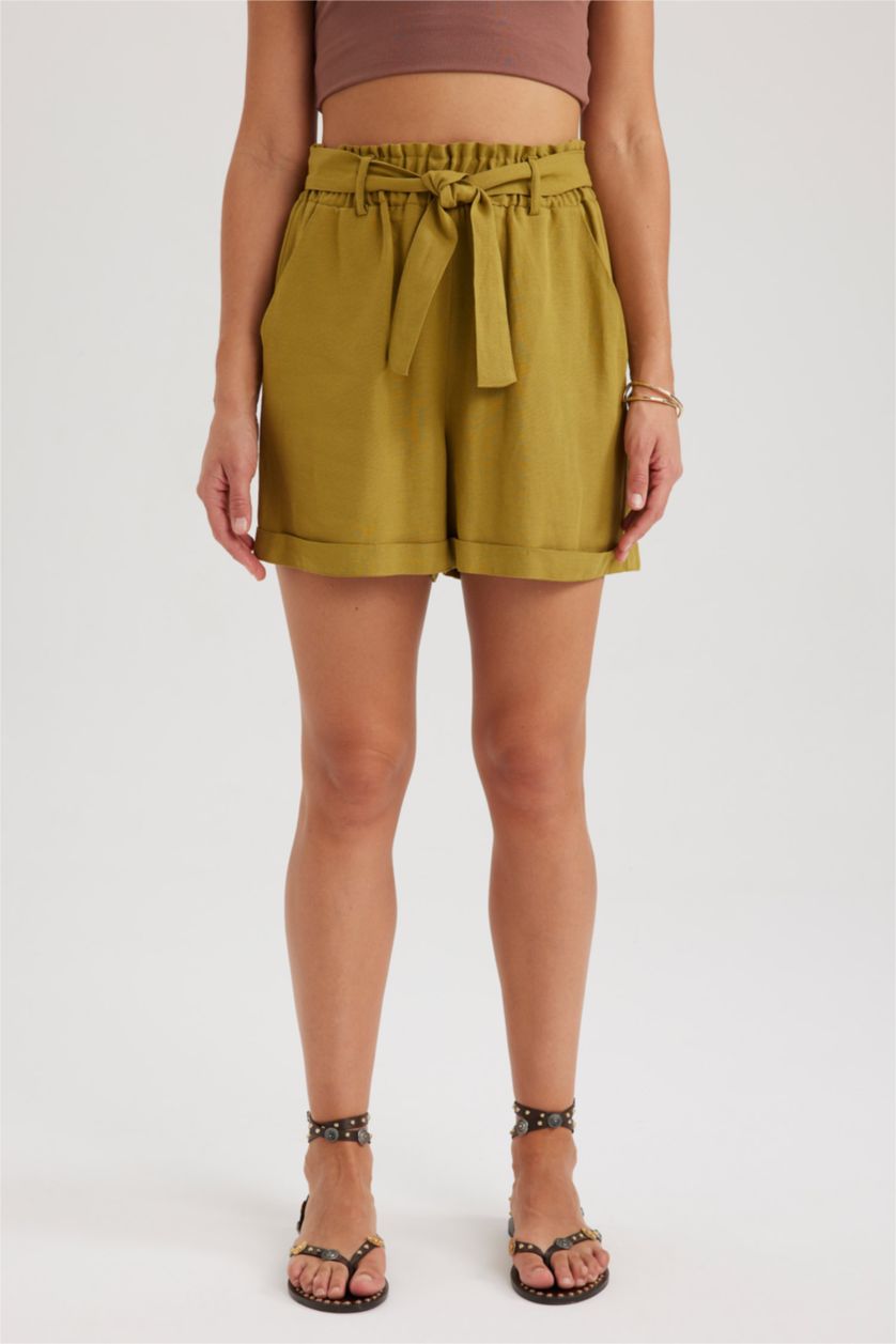 نساء كاكي شورت كتان وايد ليج بخصر عالي