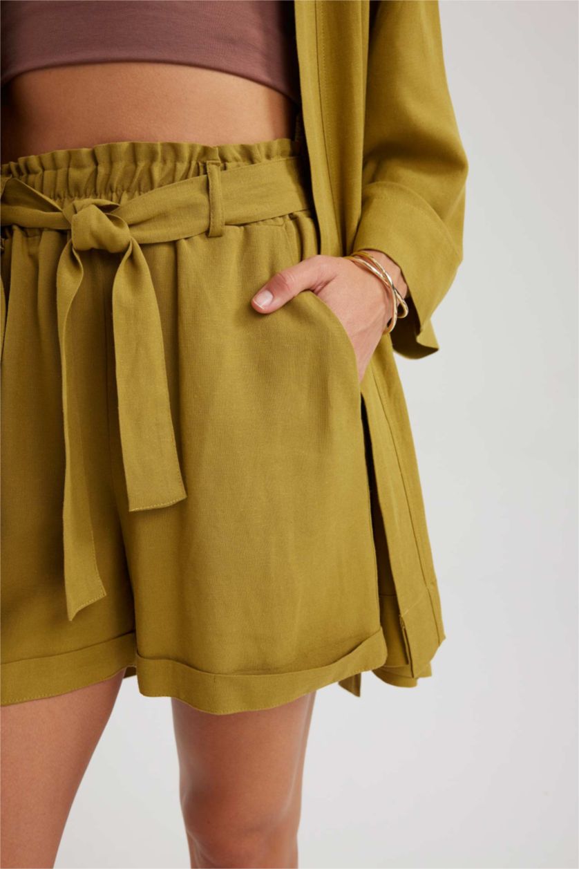 نساء كاكي شورت كتان وايد ليج بخصر عالي