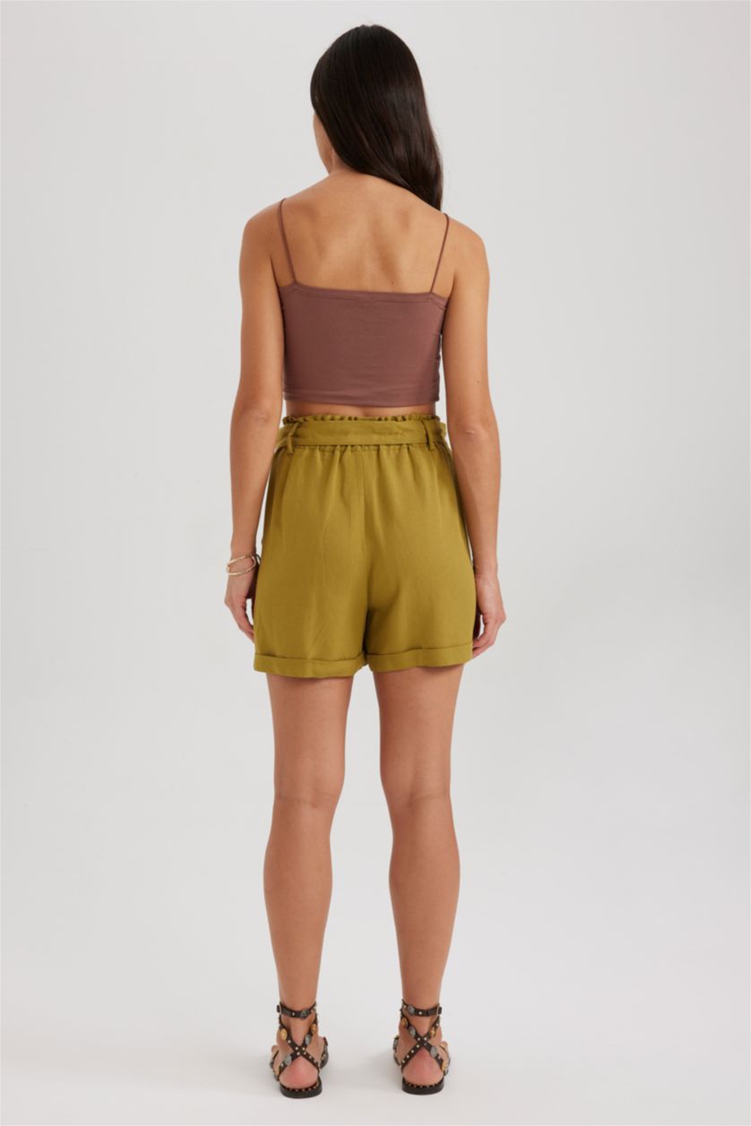 نساء كاكي شورت كتان وايد ليج بخصر عالي