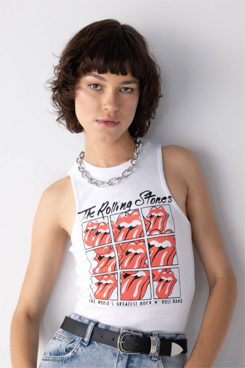 WOMAN White Slim Fit Printed Ribana Crew Neck Rolling Stones Licensed Tank Top