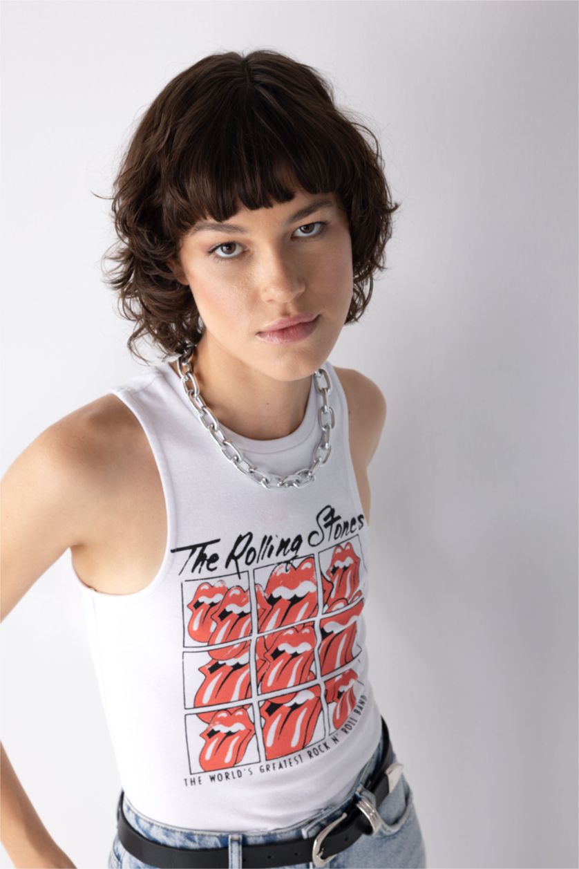 WOMAN White Slim Fit Printed Ribana Crew Neck Rolling Stones Licensed Tank Top