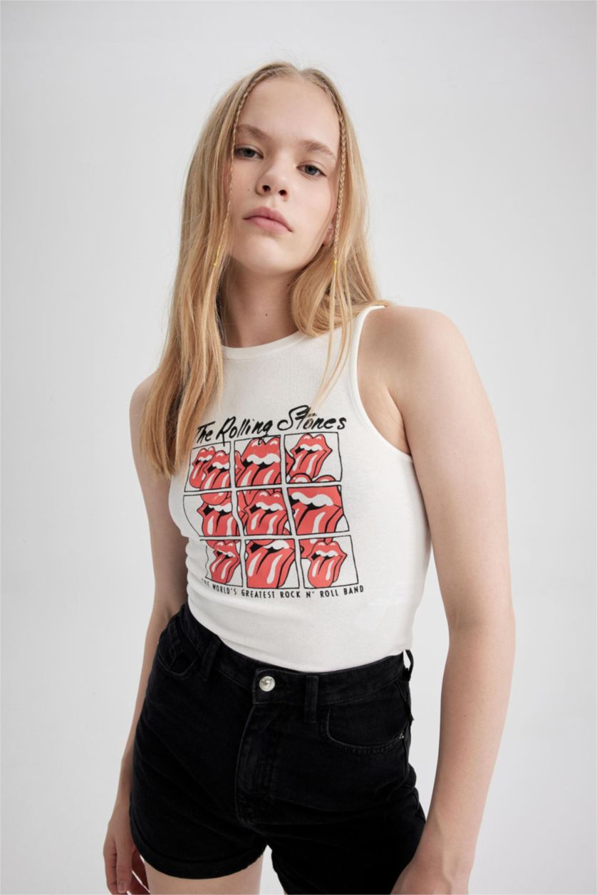 WOMAN White Slim Fit Printed Ribana Crew Neck Rolling Stones Licensed Tank Top