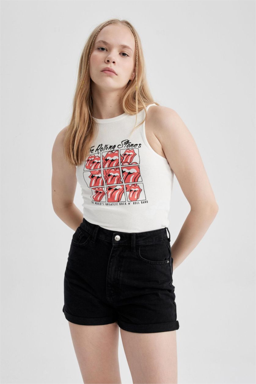 WOMAN White Slim Fit Printed Ribana Crew Neck Rolling Stones Licensed Tank Top