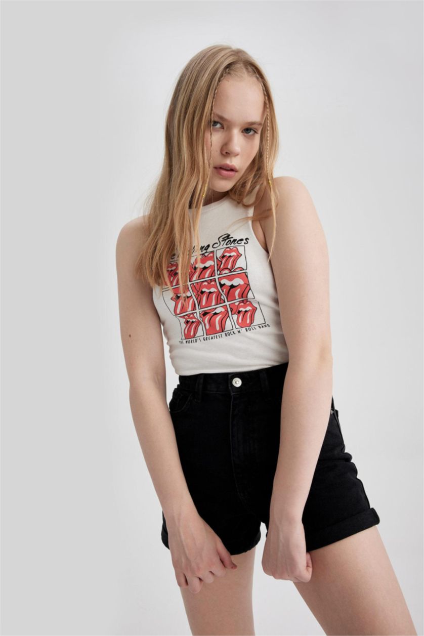 WOMAN White Slim Fit Printed Ribana Crew Neck Rolling Stones Licensed Tank Top