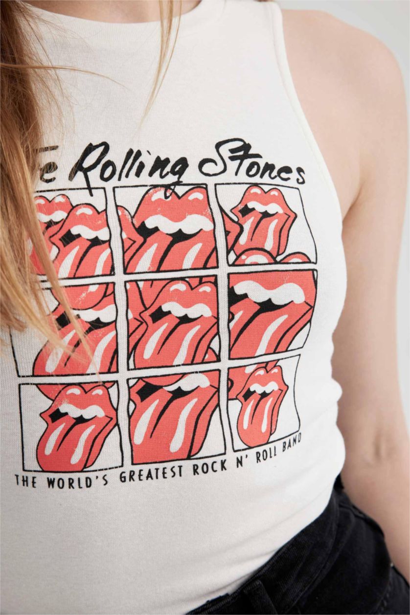WOMAN White Slim Fit Printed Ribana Crew Neck Rolling Stones Licensed Tank Top