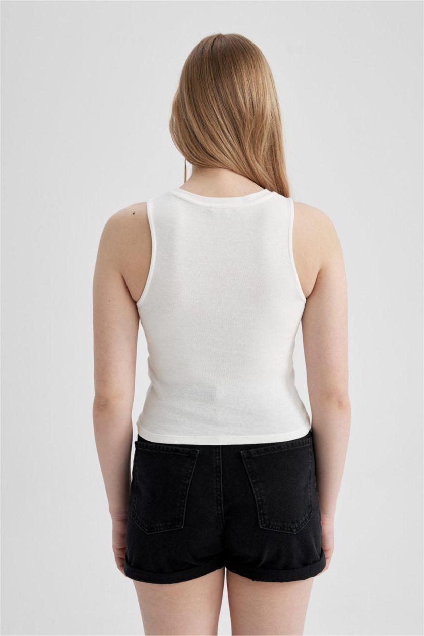 WOMAN White Slim Fit Printed Ribana Crew Neck Rolling Stones Licensed Tank Top