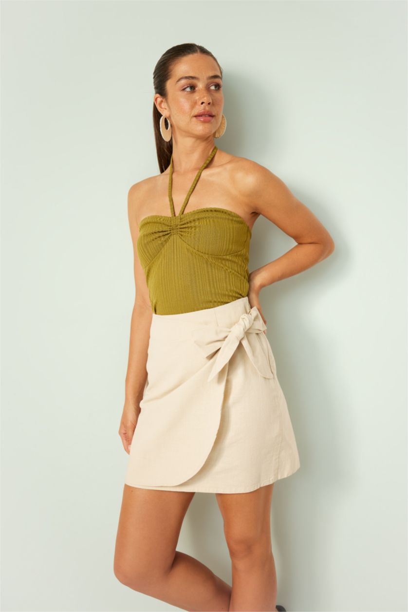 WOMAN Beige A-Line Normal Waist Cotton Mini Skirt