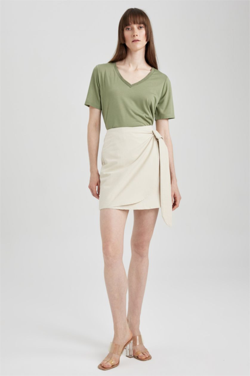 WOMAN Beige A-Line Normal Waist Cotton Mini Skirt